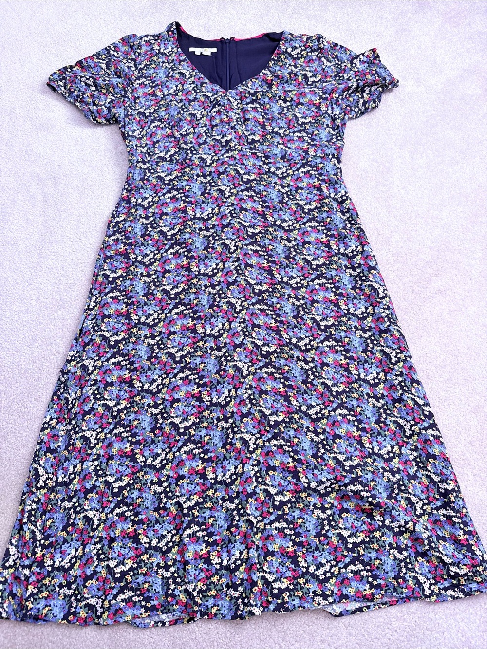 Boden Navy Floral Midi Dress with Primary Color Florals
